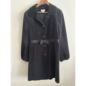 ANN TAYLOR Black Velvet Long Jacket Coat Dress Collared Belted Bow Vintage 8